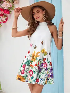 Women's Floral & Butterfly Print Halter Neck Dress, Boho Fashion Casual Sleeveless Dress for Daily Holiday Vacation Wear, Ladies Dress for Summer, Bohemian Halter Dress, Boho Style