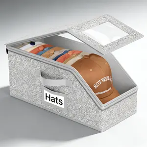 Hat Organizer Storage Box with Clear Window, Stackable Baseball Cap Holder with Label Pocket, Dustproof Hat Storage Bin for Closet, Holds 10+ Caps, Hat Organizer for Baseball Caps, Snapbacks & Beanies