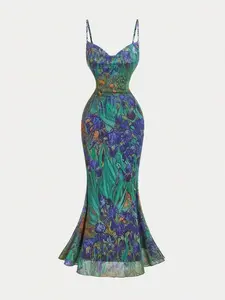 Elegant Mermaid Print Maxi Dress - Sleeveless Spaghetti Strap Formal Evening Wear