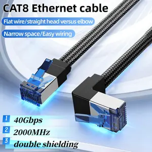 Ultra-High-Speed Cat8 Ethernet Cable, Gigabit Class 8 Network Line, Right Angle 90 Degree Bend, Flat Braided Design, Durable Data Transfer, Ethernet Type C