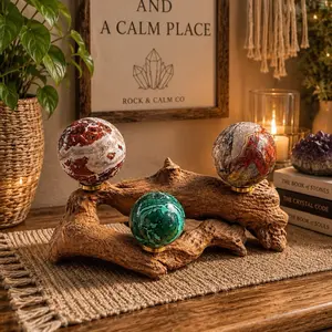 Crystal Sphere Holder Natural Driftwood Display Stand Holds 3 Spheres Organic Texture Perfect for Home Decor Shelves Altar Styling