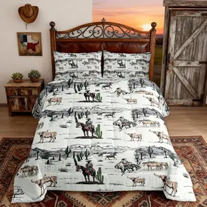 Western Cowboy Comforter Set,Vintage Southwest Style Quilt Set,Desert Cactus Cow Horse Animals Bedding Set