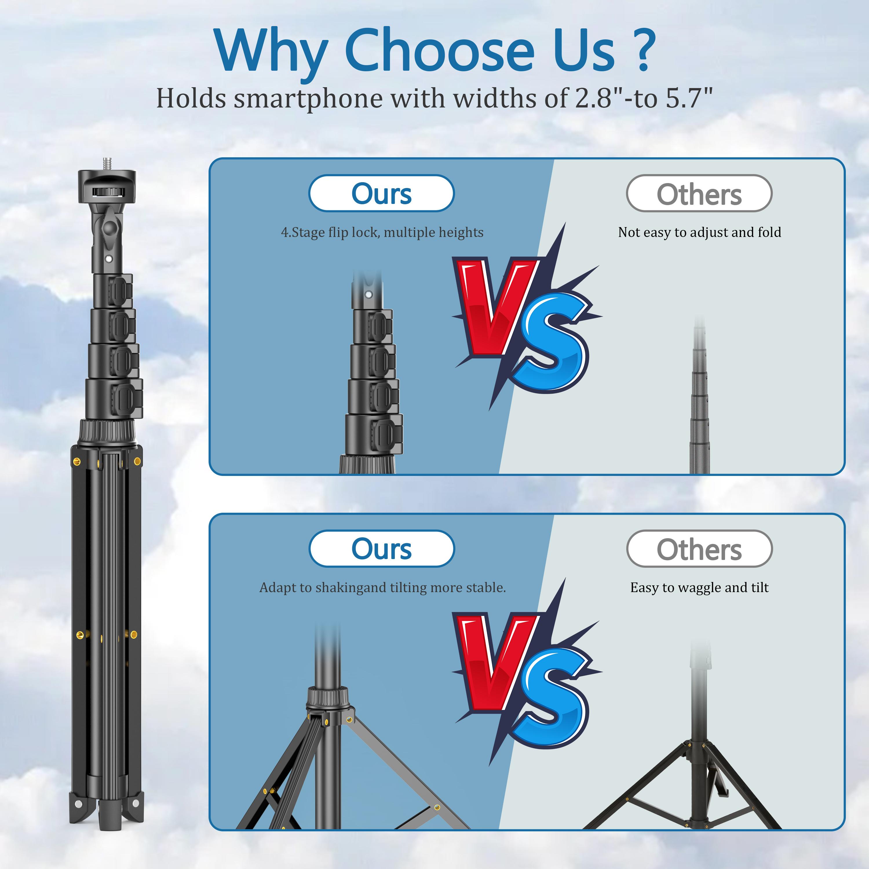 Extendable 62'' Phone Tripod & Selfie Stick with Wireless Remote, Universal Holder for iPhone, Android Phones & Cameras