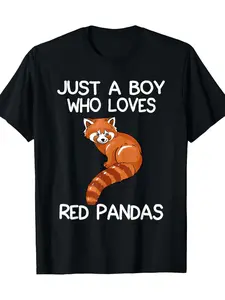 Men's Red Panda Print T-Shirt Short Sleeve, Slogan "A Boy Who Only Loves Red Pandas", Weighted Knit Fabric, All-Season Casual Wear