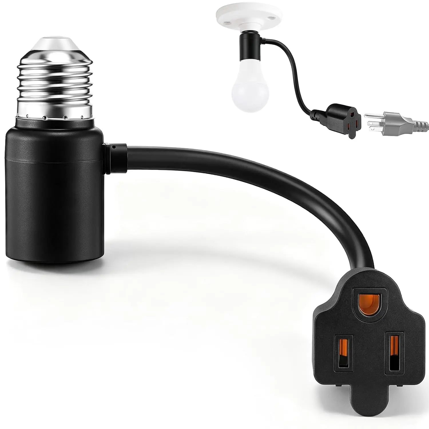 1 Pcs 3 in 1 Light Socket Extender Adapter, E26 Outlet Light Socket Converter with Extension Cord, 2/3 Prong Bulb Plug Adapter for Garage, Patio, Camera, Christmas, Halloween LED Strip (Black)