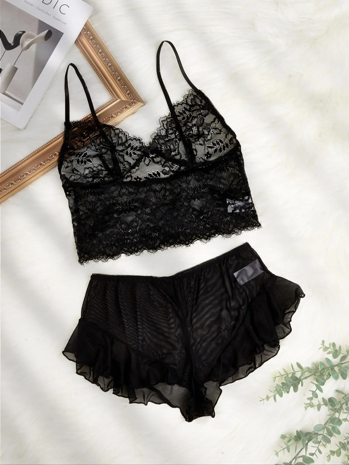 Women's Contrast Mesh Lace Lingerie Set, Exclusive Lingerie, Sexy Hollow Out Lingerie Top & Sheer Shorts Set, Soft Comfy Breathable Underwear Set for Women, Women Sexy Lingeries