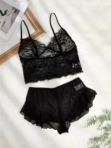 Women's Contrast Mesh Lace Lingerie Set, Sexy Hollow Out Lingerie Top & Sheer Shorts Set, Soft Comfy Breathable Underwear Set for Women, Women Sexy Lingeries, Lingerie Outfits