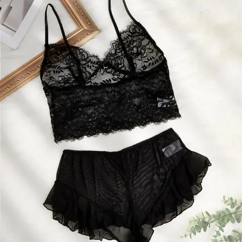 Women's Contrast Mesh Lace Lingerie Set, Sexy Hollow Out Lingerie Top & Sheer Shorts Set, Soft Comfy Breathable Underwear Set for Women, Women Sexy Lingeries, All Seasons Lingerie