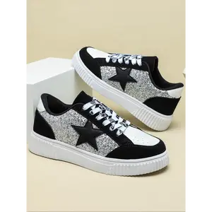 (New)Unisex Fashionable Glitter Colorblock Patchwork Design Lace Up Low Top Sneakers, Casual Comfortable Breathable Skate Shoes, Fashionable Sneakers for Daily Wear