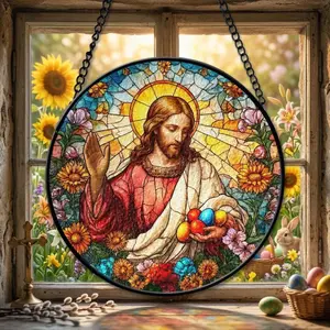 Jesus Easter Holds Eggs Stained Glass, Christian Window Hanging, Jesus Sun Catcher Gift, Religious Stained Glass Decor