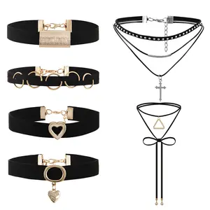 OIDEA Women's Gothic Vintage Black Leather Choker - Pu Leather Flannelette, Rope Cross Detail, Rivet Accents, Soft Fit Punk Collar Neckband, Trendy Fashionable Accessories for Female Daily Wear