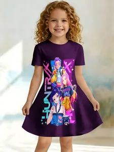 Girls' Cartoon Anime Dress, Neon Short Sleeve Princess Dress, Asymmetrical Design, Knee Length, Casual Fitted One-Piece