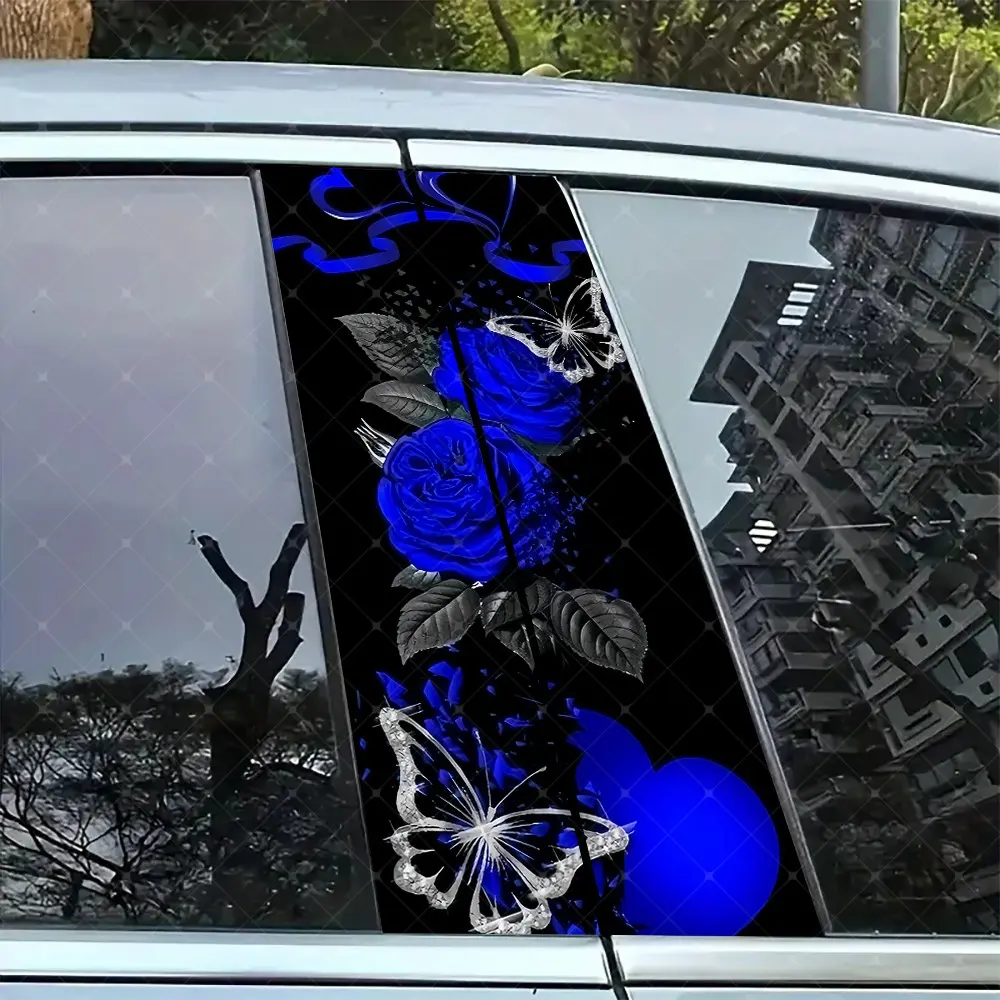 2pc Butterfly Blue Rose Car B Pillar Protection Sticker, Easy Peel & Stick, Sunproof Waterproof Scratch Resistant, Fits All Cars, Universal Car Sticker, Decal For Cars