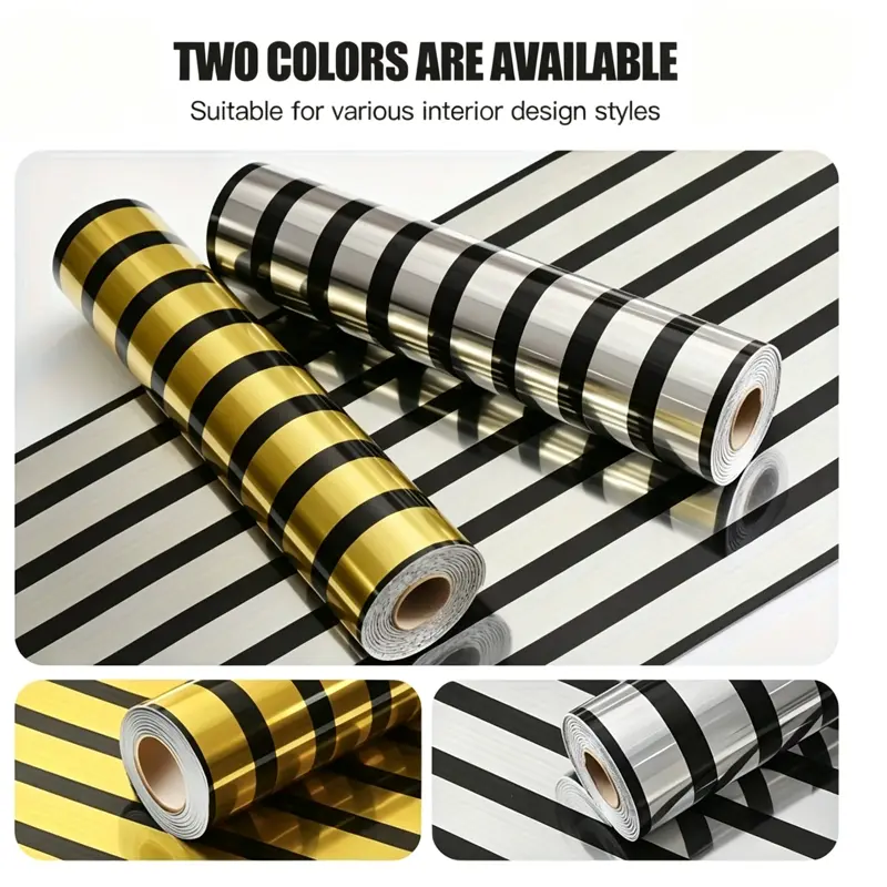Metallic Peel-and-Stick Wallpaper, 15.7x118.11" Gold & Silver Striped Self-Adhesive Waterproof Removable Contact Paper for TV Accent Wall, Bedroom, Cabinet Decor