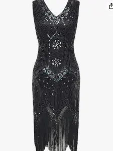 Women's Flapper Dresses 1920s V Neck Beaded Fringed Great Gatsby Dress Fit Polyester