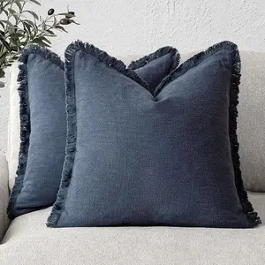 Set of 2 Decorative Linen Fringe Throw Pillow Covers Cozy Boho Farmhouse Cushion Cover with Tassels Soft Accent Pillowcase for Couch Sofa Bed Living Room Home Decor,18×18 Inch