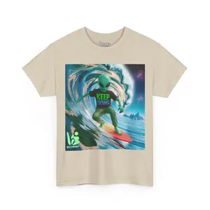 Alien Superstar Surfer Tee, Keep Going Wave Rider Shirt, VezzyWorld Gift, Unisex Cotton Top, Surfing Alien Tshirt, Space Multiverse Apparel,