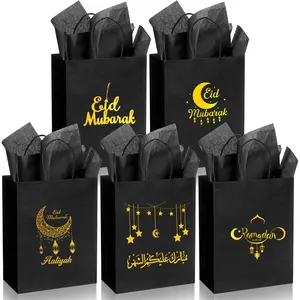 5 Foil-Stamped Eid Gift Bags, Holiday Blessing Theme Includes 5 Thin Papers, Perfect for Celebrating Ramadan and Hajj Activities