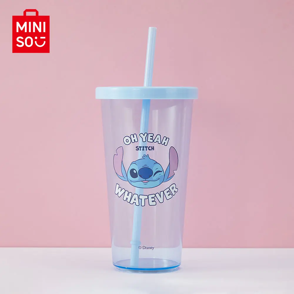 Disney Stitch Series Plastic Cup 600mL With Straw Washable Stitch Drinking Cup With Straw &  Lid Portable Drinking Bottle Lovely Cup Lightweight Blue Water Bottle Drinkware