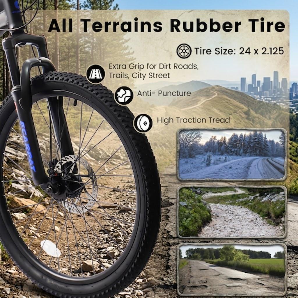 Elon 24 Inch Mountain Bike Full Suspension 21 Speed MTB Bicycle with Gear Indicator Shifter High Carbon Steel Frame Mechanical Disc Brakes Unisex Adult Bike for Men Women Trail Riding Outdoor Fitness Cycling