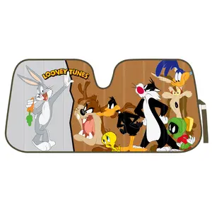 Looney Tunes Car Windshield Sun Shade for Front Window, Officially Licensed Car Sun Shade with Bugs Bunny Taz Daffy Duck and Friends Graphic, Accordion Style Sun Visor Sunshade for Car Windshield