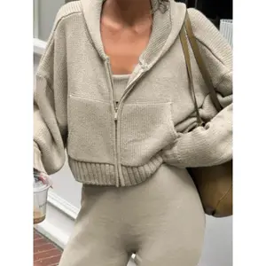 Women’s solid hooded zip-up cardigan sweater with pockets, casual drop-shoulder long-sleeve outerwear, women’s knitwear for daily wear in fall and winter