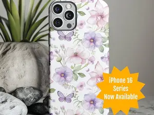Personalized Tough Phone Case iPhone Samsung Floral Butterfly Design Durable Cover, Pink and Purple Boho Flowers Customizable Phonecase Gift
