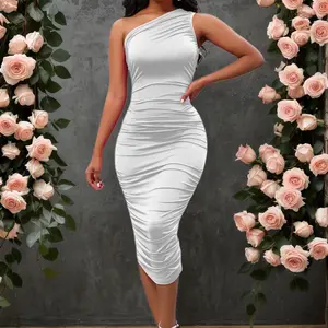 Women's One Shoulder Sleeveless Ruched Midi Bodycon Dress for Club Party  Formal Wear
