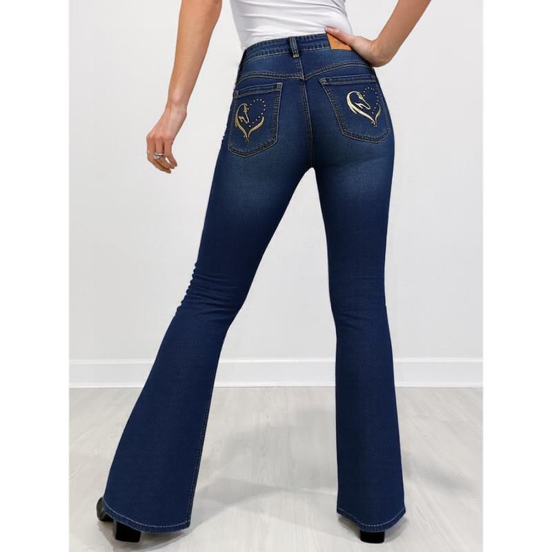 Women's High-Waist Fold-over Jeans, Wide-Leg Full-Length Jeans With An Embroidered Layered Waistband, Vintage-Wash Denim For All Seasons distressed flares