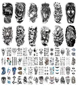 68 Animal Flower Waterproof Temporary Tattoo Stickers , Arm Shoulder Calf Pattern Designs Including Flowers, Wolves, Tigers, Lions, Skulls etc.