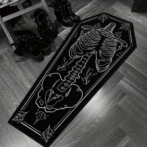 1pc Halloween rug, coffin shaped floor mat, Gothic style coffin shaped mat with skull design, Halloween home decor, unique irregular shape suitable for bedroom and living room decoration, Spooky rug, 100% polyester, hand wash only
