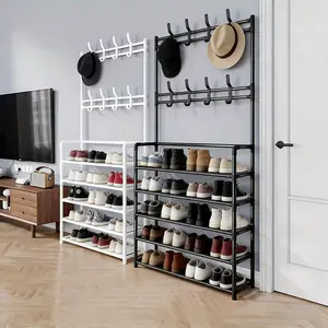 5-Layer Shoe Rack with Coat Hooks, Metal Entryway Organizer, Floor-Standing Hat and Clothes Hanger Stand