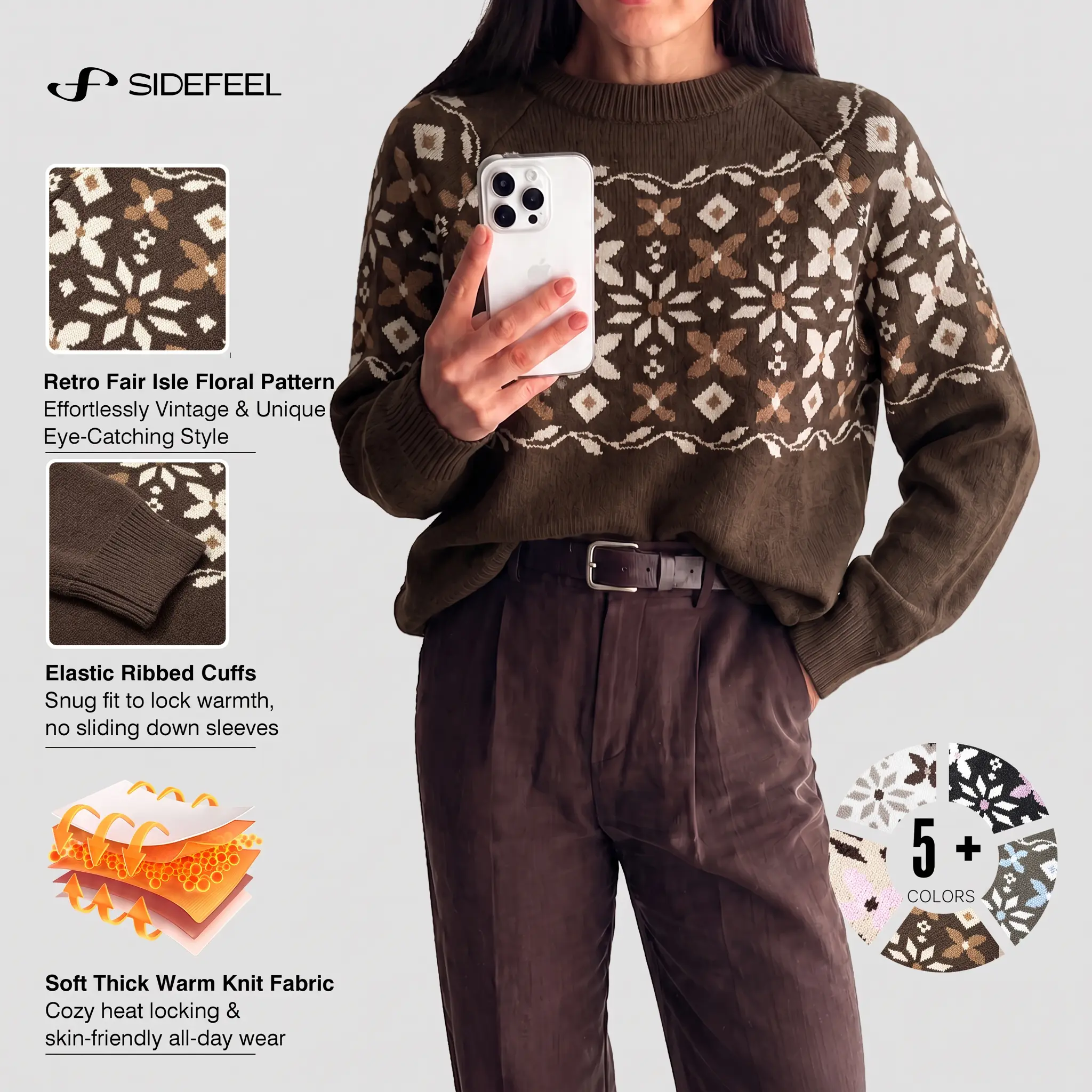 Sidefeel Women Retro Fair Isle Floral Pattern Casual Pullover Sweater Tops | Crew Neck, Knitted, Ribbed Cuffs, Oversized, Cozy Soft Cotton, Cute Sweaters, Dressy Casual, Long Sleeve ,Fall Outfits, Winter Clothes