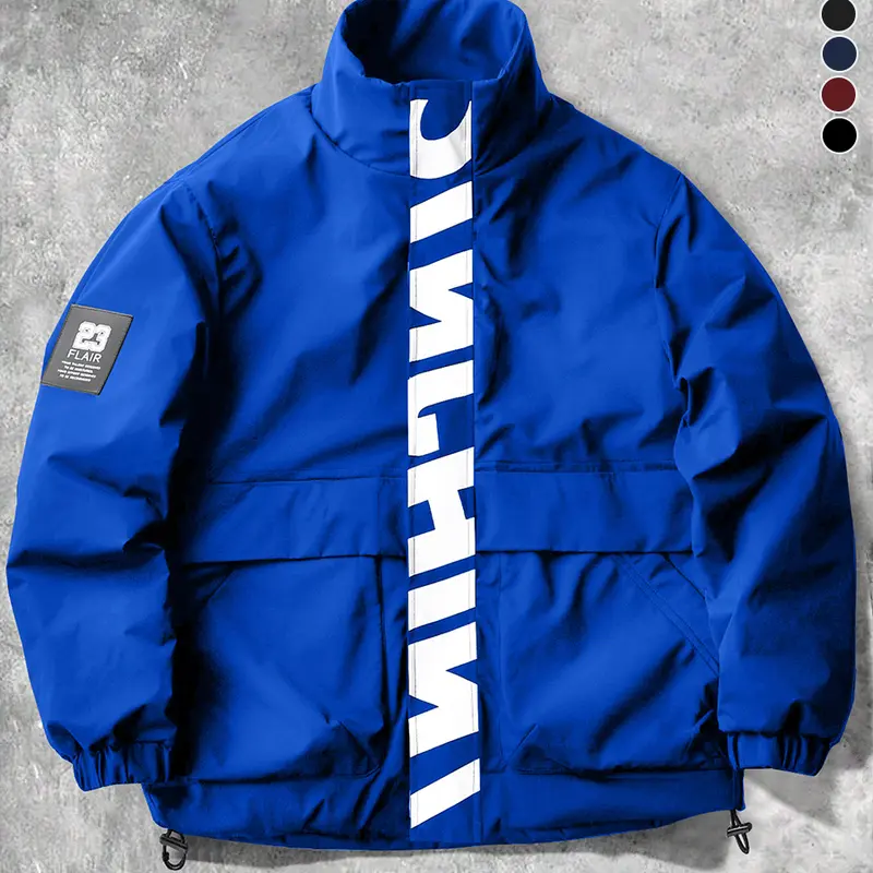 Men's Casual Stand Collar Versatile Jacket with Large Letter Print Zipper Magic Tape Double Windproof Design for Sports Leisure Daily Commuting Parties Perfect Gift