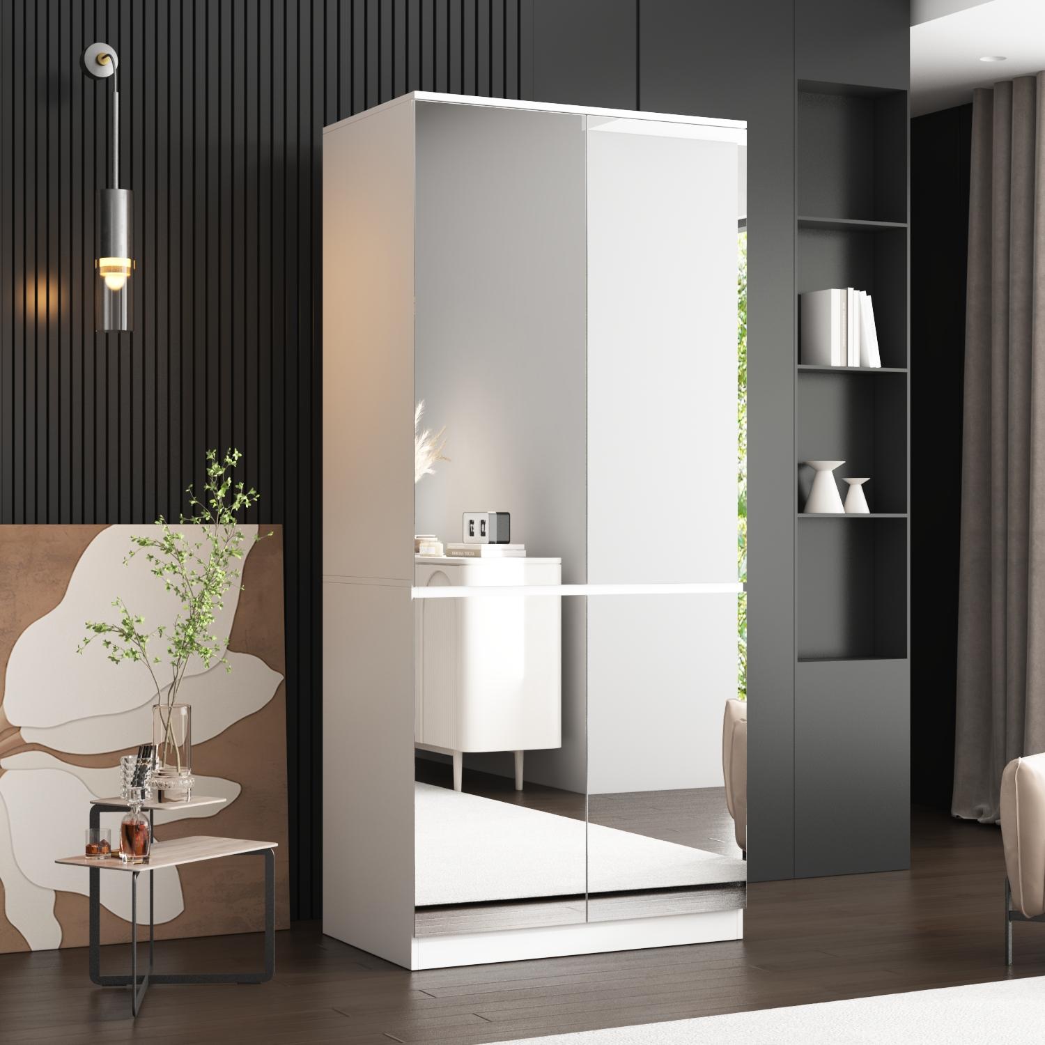 FUFU&GAGA 3 Types Mirror Wardrobe Armoire with Drawers, Full Length Glass Mirrors, 2 Smooth Sliding Drawers & Hanging Rod for Bedroom Storage FUFU&GAGA 3 Types Mirror Wardrobe Armoire with Drawers, Full Length Glass Mirrors, 2 Smooth Sliding Drawers & Hanging Rod for Bedroom Storage
