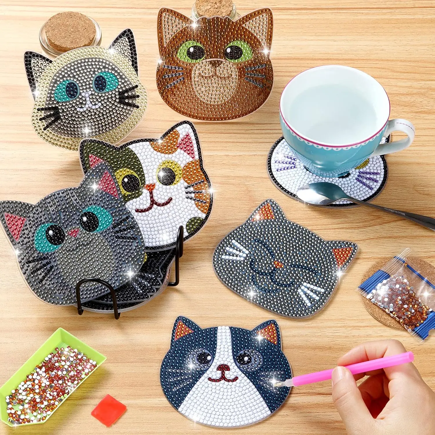 1-Set Cat Theme DIY Diamond Painting Coasters with Tableware Holder & Bracket, Beginner-Friendly Art Craft Supplies, Valentine's Day Gift by