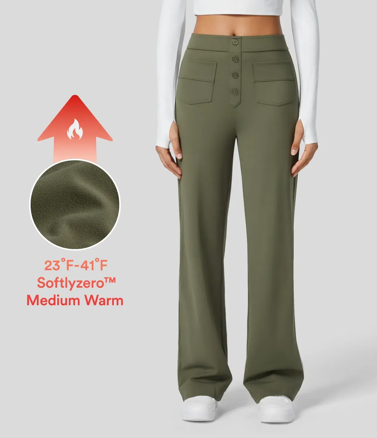 Halara Softlyzero Fleece Lined High Waisted Button Multiple Pockets Straight Leg Casual Pants