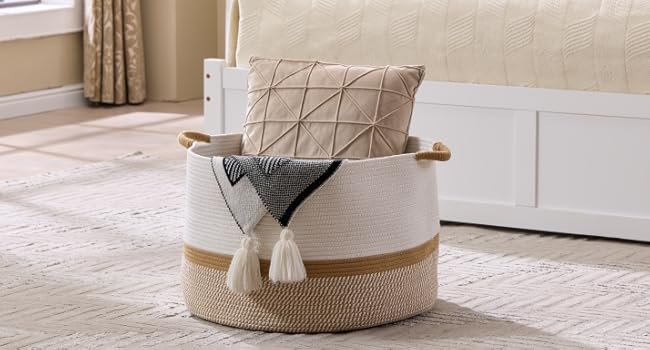 Woven cotton rope large storage basket, 20 in x 13 in, 85L, decorative nursery basket for room organization, suitable for pillows, blankets, and doll storage.