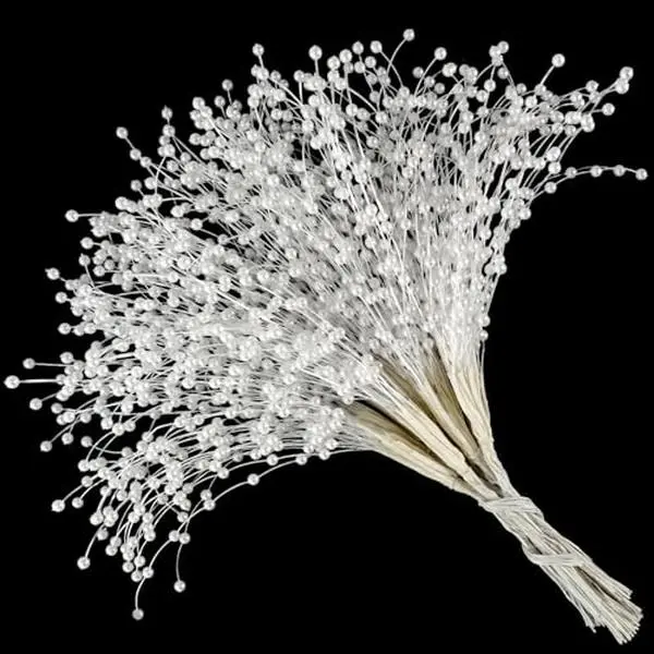 50pcs Beaded Stick Bride Wedding Pearl Bouquet Party Decoration (White) | 4mm faux pearl bead sprays, about 9.8 inches long, for bridal bouquets, wedding centerpieces and pearl party decorations