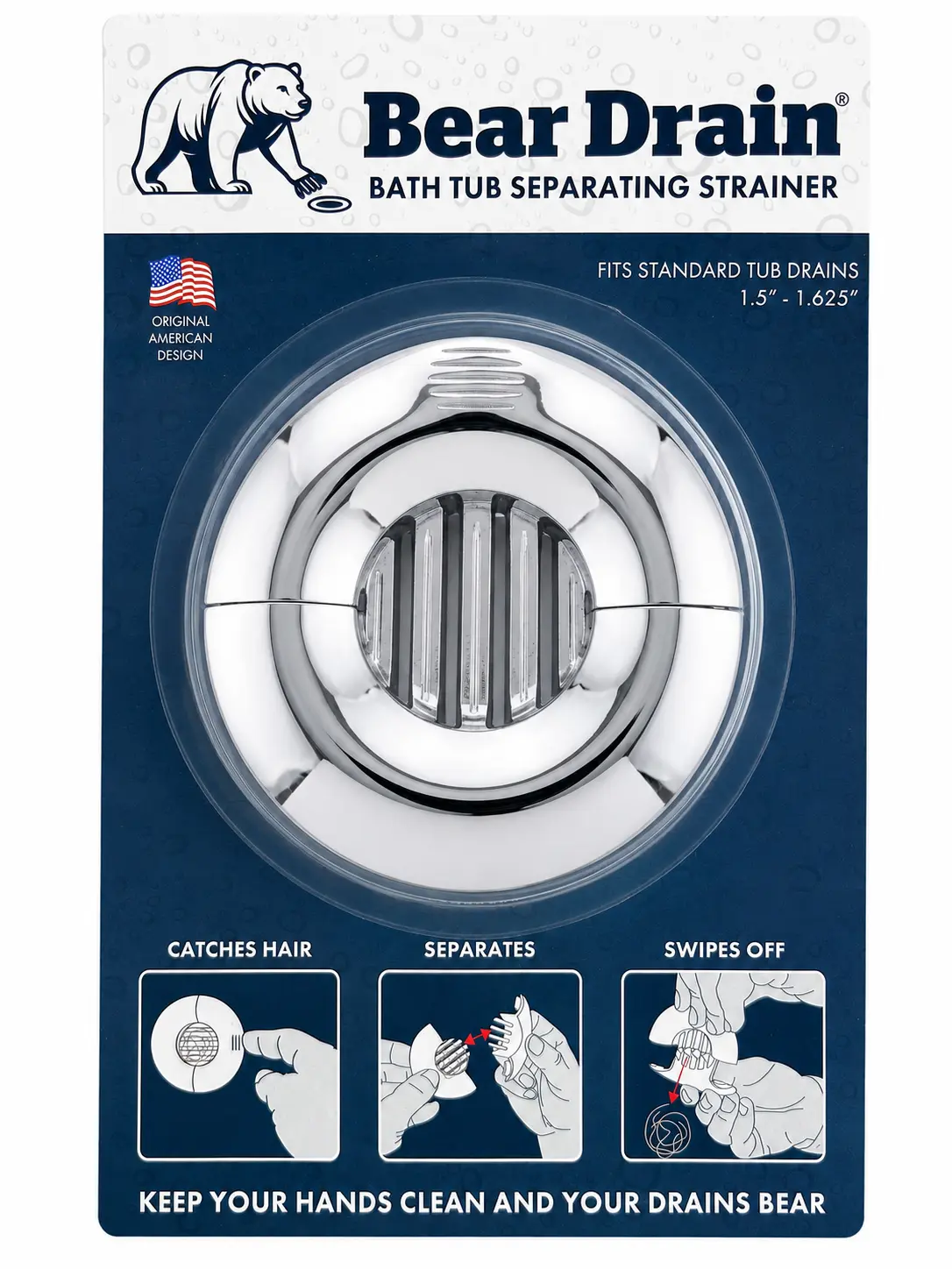 Bear Drain Patented SEPARATING No-Touch Bathtub Hair Catcher | Separating Drain Strainer | Prevents Clogs | Fits Standard Tub Drains - LIGHTWEIGHT DESIGN WITH CHROME FINISH