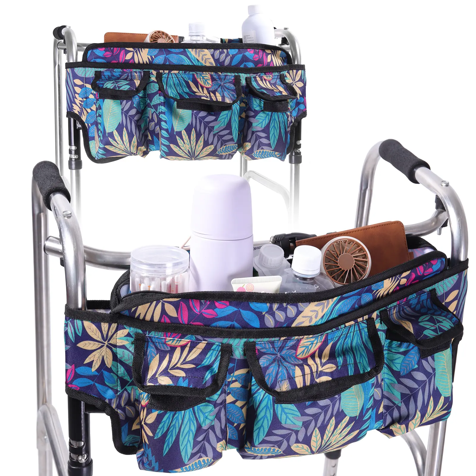 Walker Bag for Folding Walkers, Waterproof Oxford Cloth Multi-Pocket Storage Basket with Zipper & Velcro, Large Capacity Foldable Organizer Pouch, Portable Walker Accessory for Seniors Daily Outdoor Walking