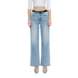 Vogatiques High Rise Straight Leg Jeans   Swiss Blue  BYT5167 Womenswear Denim Pants Bottom Underwear urban jeans
