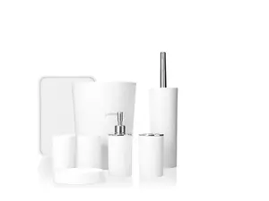 Rosewill Bathroom Accessories 8-Piece Set – Trash Can, Toilet Brush with Holder, Lotion Dispenser, Toothbrush Holder, 2 Toothbrush Cups, Soap Dish & Tray - White