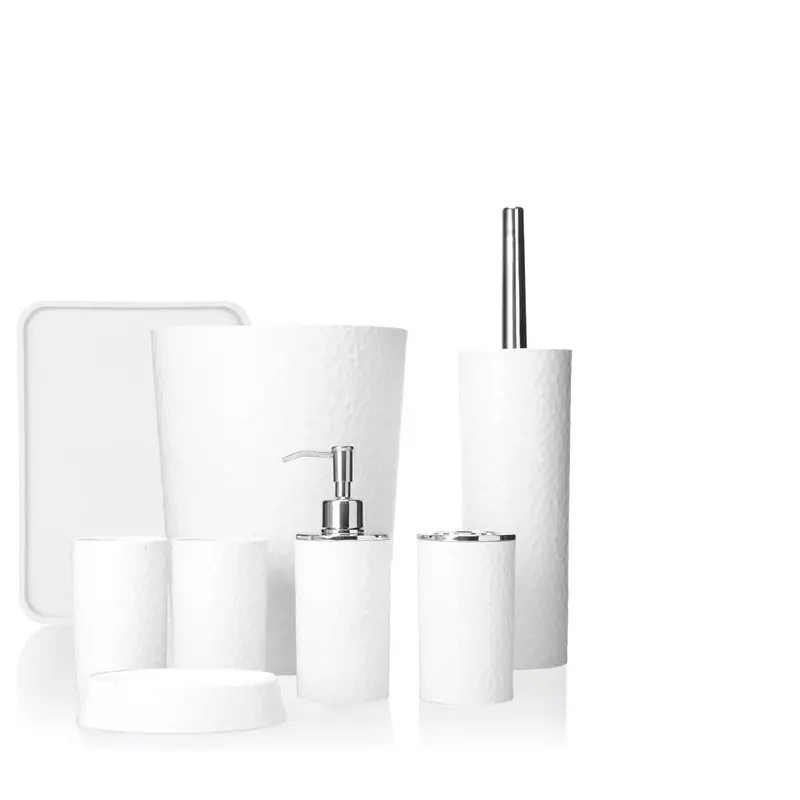 Rosewill Bathroom Accessories 8-Piece Set – Trash Can, Toilet Brush with Holder, Lotion Dispenser, Toothbrush Holder, 2 Toothbrush Cups, Soap Dish & Tray - White