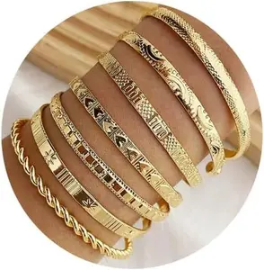 Golden Bangle Bracelets Set for Women, 14k -Plated Multi Layer Stackable Cuff Bracelets, Personalized Boho Non Tarnish Adjustable Bangle   for Her