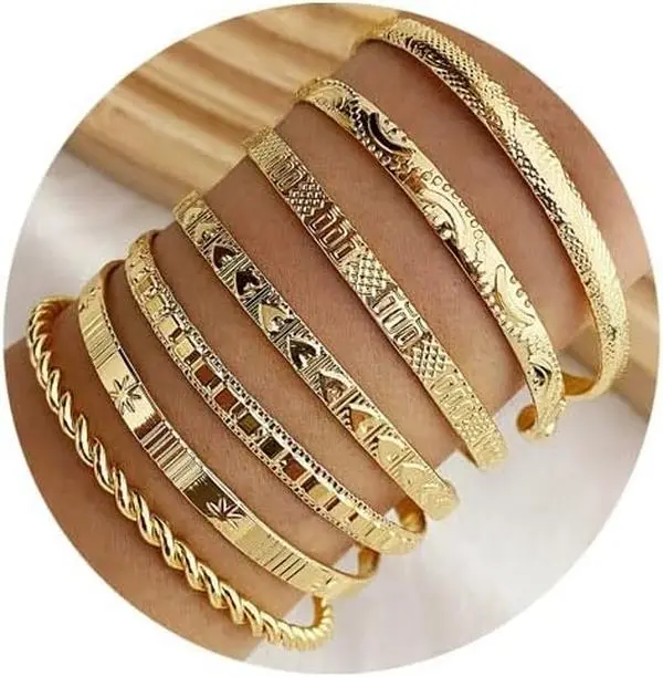Golden Bangle Bracelets Set for Women, 14k -Plated Multi Layer Stackable Cuff Bracelets, Personalized Boho Non Tarnish Adjustable Bangle   for Her