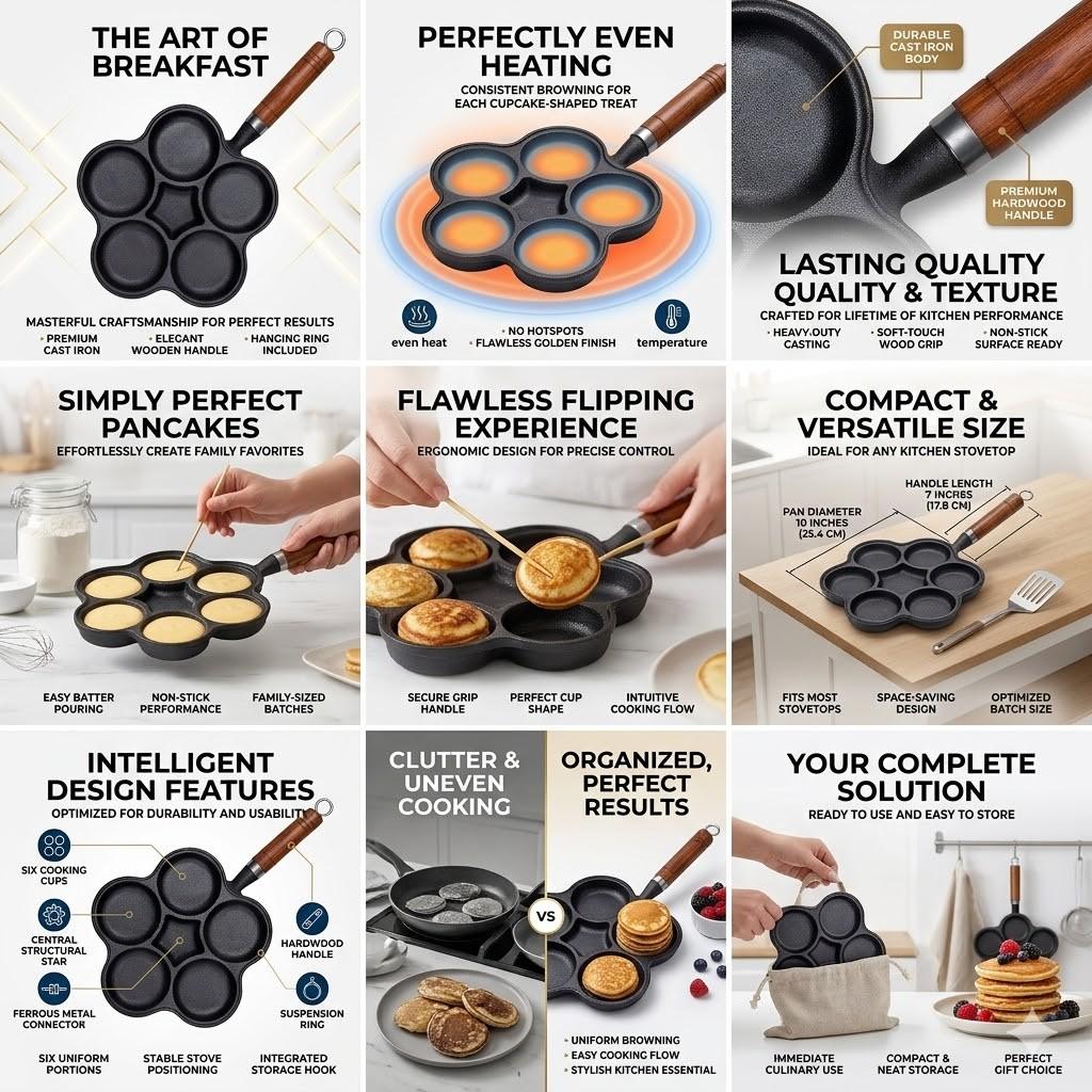 This durable 6-cup cast iron pancake maker features a heat-resistant wooden handle and fun star-perfect for mini pancakes, Ideal for home kitchens and camping, it provides professional results comparable to an adjustable temperature electric skillet pan.