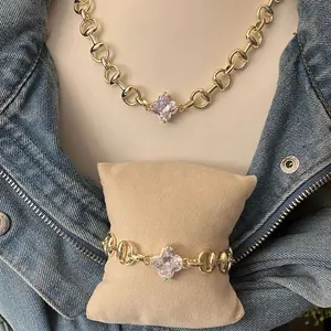 The Georgia Mae 14k Gold Plated Horsebit Link CZ Clover Necklace and Bracelet Jewelry Set for Women