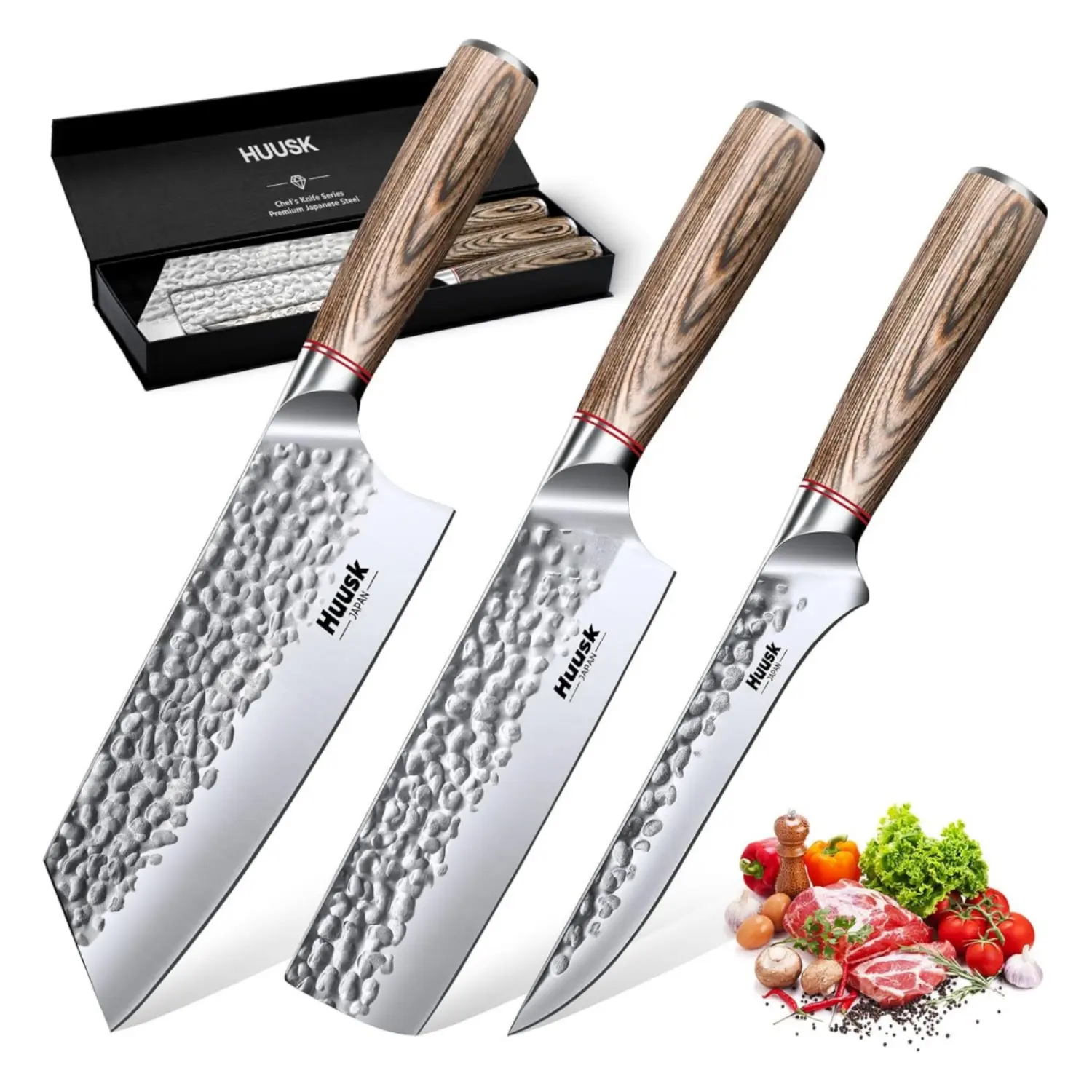 Huusk 3pcs Carbon Steel Kitchen Knives Set - Japanese Nakiri Veggie Prep, Meat Cleaver, Boning Tool, Hand Forged Butcher Chef Item, Less Food Stick, Gifts for Men (Birthday, Wedding, Thanksgiving) for Restaurants
