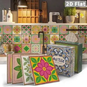 Floral Tile Stickers Artistic Patterns Self Adhesive Detachable Decorative Wall Tiles for Bedroom Bathroom Living Room Kitchen